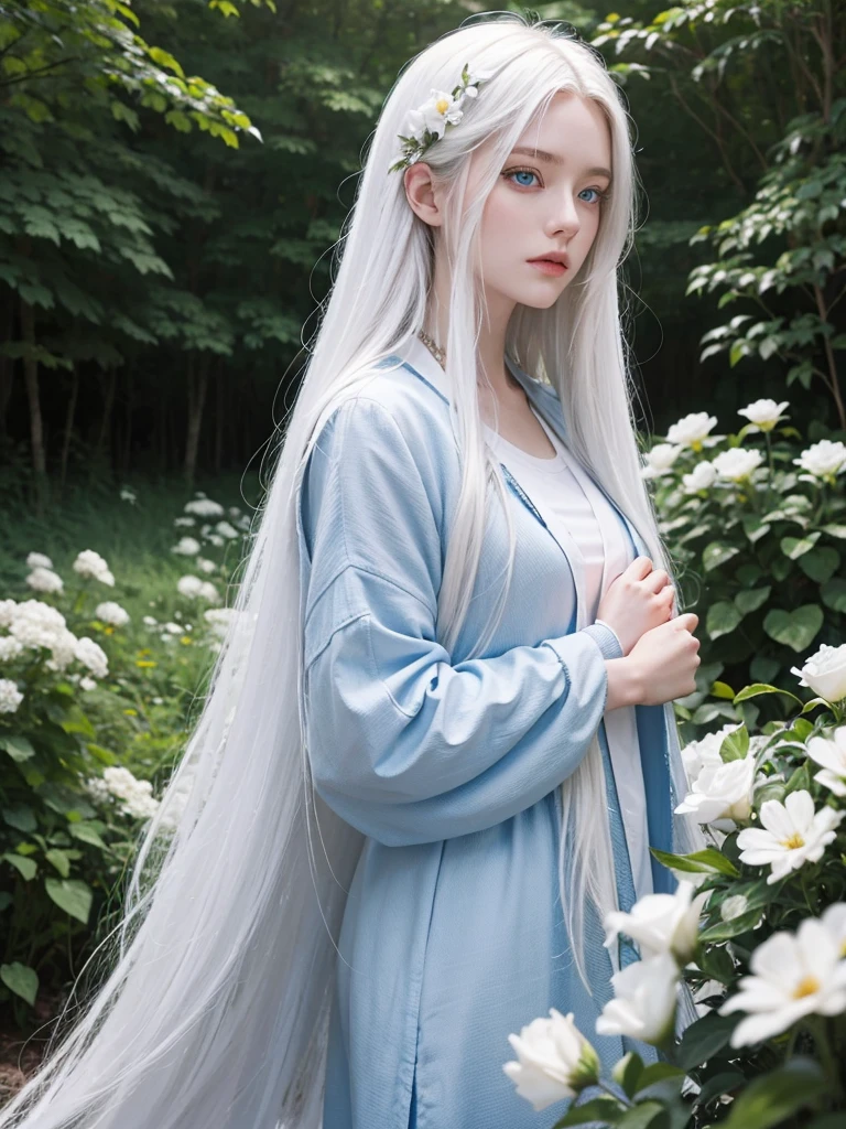Long white hair, blue eyes, serious features, white skin, loose style, in a garden, with flowers , in the forest