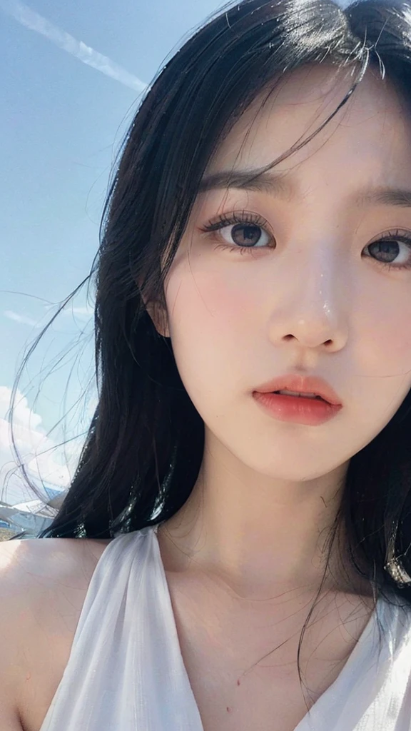 (detailed and realistic portrait of a girl with a clean face), (round eyes and long flutters hair shot outside),staring at camera,magical photography, dramatic lighting, photo realism, ultra-detailed,
intimate portrait composition, (centered image composition),(close up shot:1.6),best quality,f/1. 8, 85mm,
(28years asian woman), black_hair,(black_eyes:1.2),(bangs),makeup,white_dress,
(hazy blue_sky_background)