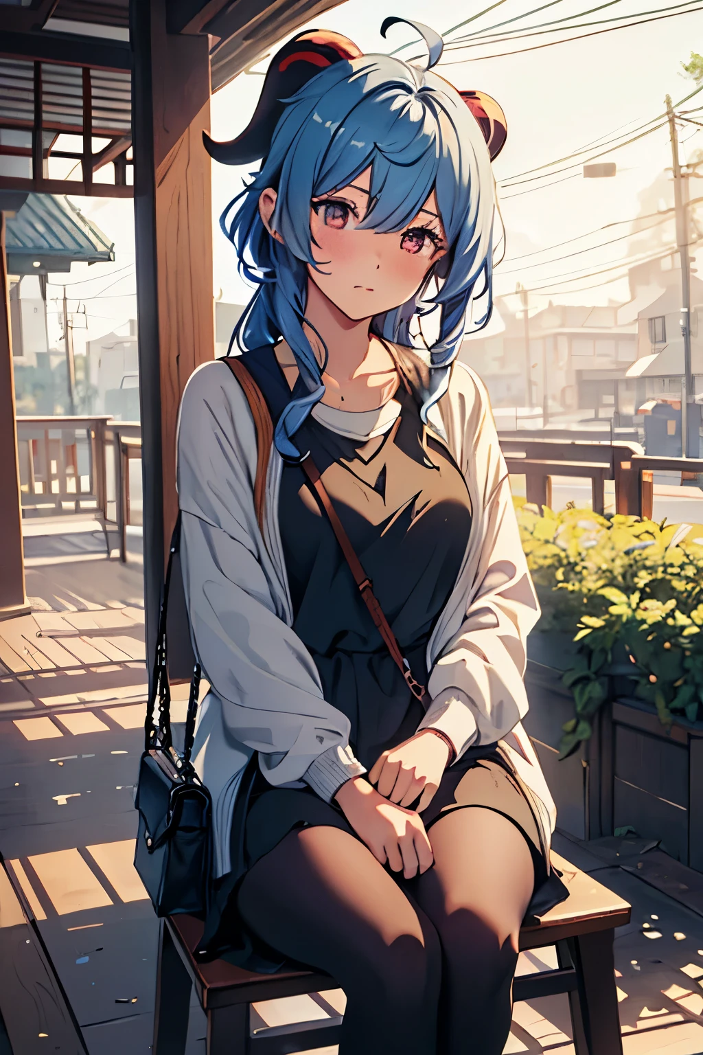 hd image, masterpiece, best quality, ultra-detailed, illustration, 1girl, ganyu_genshin, casual outfit,csm anime style, waiting for someone, pouting, sitting
