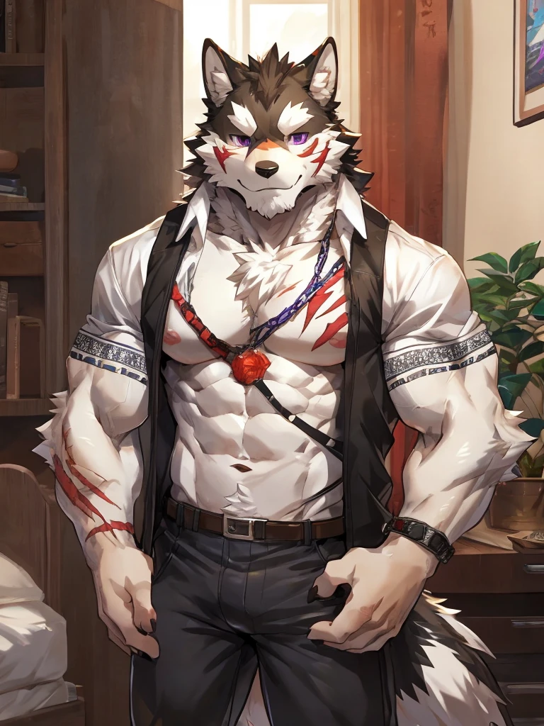 embedding:black wolf, male,purple eyes,Scar on the face, scar on the body,Single person，The fur on the chest and abdomen is white.Tattoos,Inside the apartment,Elder brother.Modern apartment, clean and tidy.White Shirt，Casual pants,A mild expression,Maturity,The highest quality of scene detail,adult,Tall and powerful,muscle，Best quality hands, best quality eye，detailed fur，Delicate eyes.Extreme picture quality，by sollyz,by zixiong,by milkytiger1145