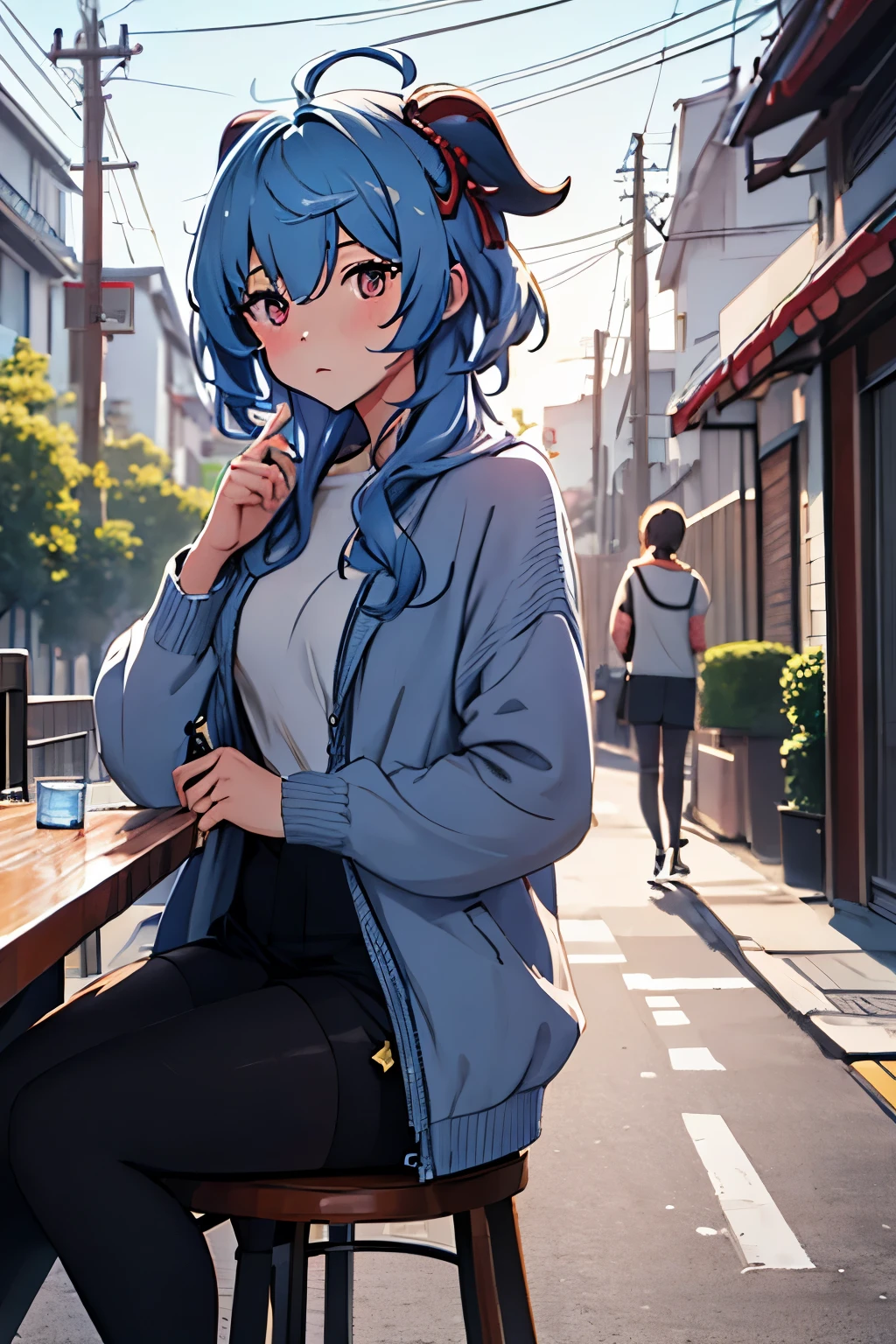 hd image, masterpiece, best quality, ultra-detailed, illustration, 1girl, ganyu_genshin, casual outfit,csm anime style, waiting for someone, pouting, sitting