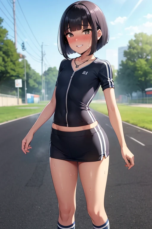 (girl with、Gamine、A dark-haired、short-hair、straight haired、hair adornments、Light brown eyes、A smile、wearing black glasses、small tits、cute face)、masterpiece、top-quality、Running figure、sports wear、Sun visor