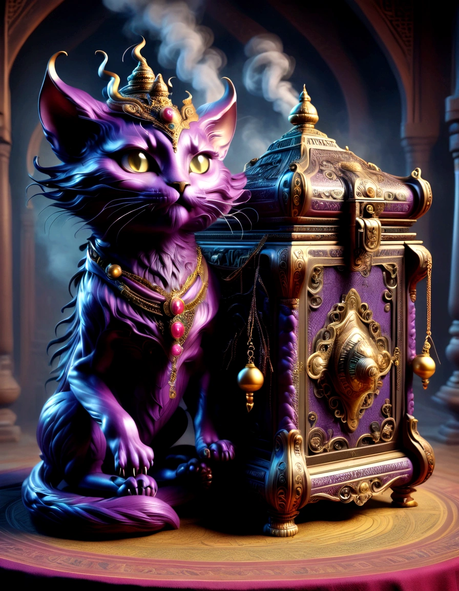 (Thick smoke floated out of an opened golden treasure chest and gradually turned into a monster in the air.)，Giant cat demon，Inspired by《Aladdin's magic lamp》，The hair of the monster that turned into smoke is dark black，Often draped over the shoulders，Gives a feeling of elegance yet dignity。He is very particular about his clothes.，Often wears a black robe，It is embroidered with mysterious patterns