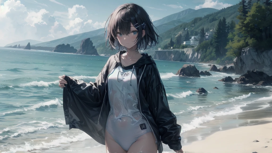((top quality,shinkai makoto style, ultra-detailed,high resolution,extremely detailed CG,unity 8k wallpaper,by famous artist,perfect anatomy,super detailed skin,cinematic lighting)),break,(Please draw a picture of a girl in a swimsuit walking on the beach.
:1.3),break, 1girl,(solo,Lori face, 14-years-old:1.5),a junior high school student,Full limbs, complete fingers, white hair, bob cut, flat chest, Small butt, Beautiful detailed red eyes, groin, wet, Shiny skin, cowboy shot, swimsuit, break, (Detailed Lighting), (Detailed background),(in the beach),