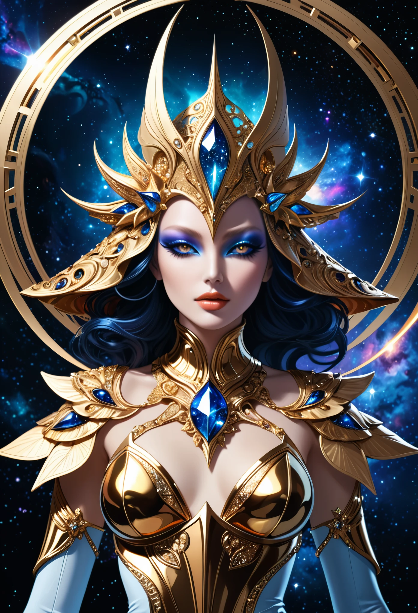 in style of Thierry Mugler,character concept design, half body,Mythical wizard girl,Celluloid style,galaxy,Fractal,Halo,Fantasy art,(insanely detailed and intricate, Hypermaximalist, elegant, ornate, hyper realistic, super detailed:1.1)