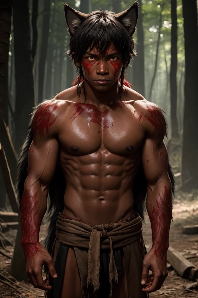    werewolf boy，Topless，Red skin，barefoot，covered in wounds，Muscle fullness，Standing，Tears，Wolf ears，Smooth skin