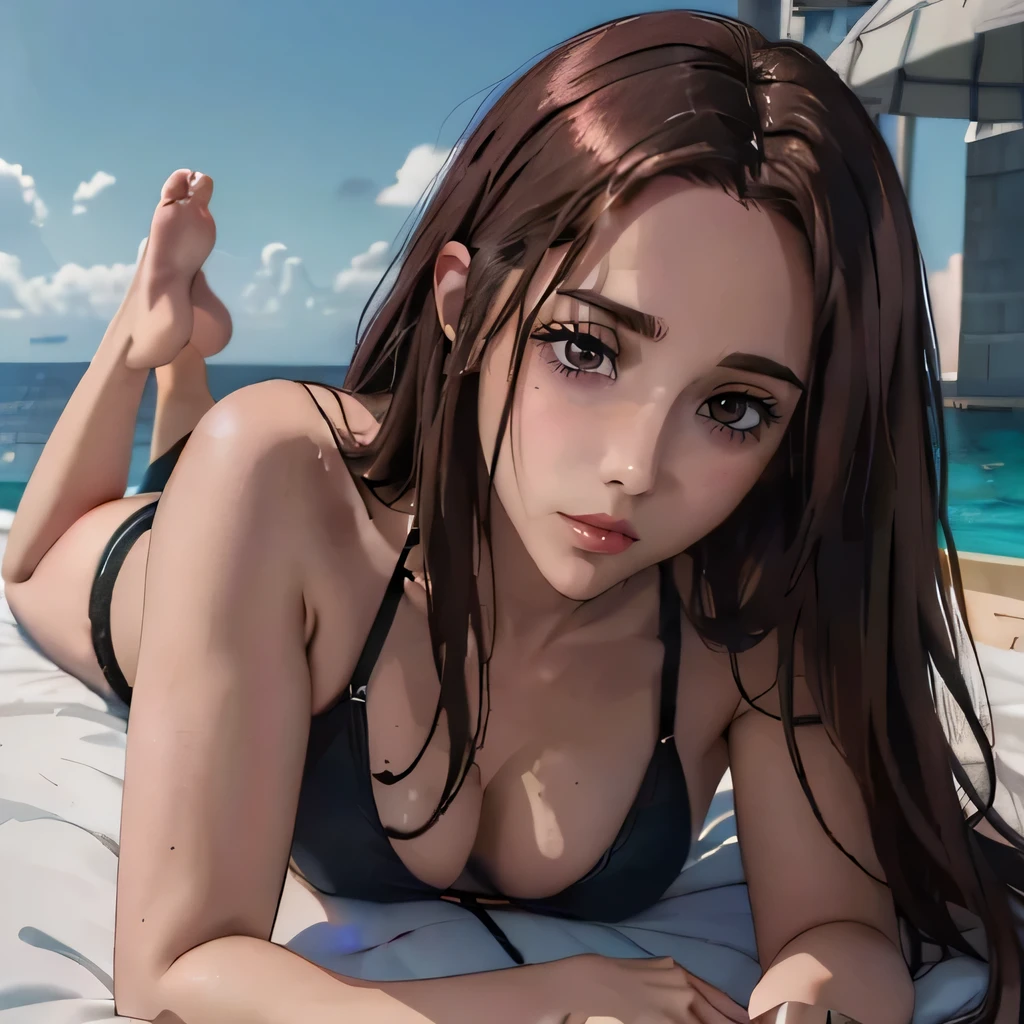 (best quality:1.3), (4k quality),(sharp image), Shoko, ((Detailed face)), ((masterpiece face)),((perfect detailed eyes)) (blush), Shoko, brown hair, brown long hair, brown eyes, red lips, red lips, sly face, face with stern features, ((detailed face)), perfect face, highly detailed eyes, masterpiece, absurdres , (intricate details), (colorful),cinematic lighting,extremely detailed CG unity 8k wallpaper , 1girl, solo,mature female, erected tits, sunglasses, seductive black tight swimsuit, (((yacht in ocean))), (perfectly shaped small tits), in the cabin, on the bed, (((lying on the bed)))(((lying on stomach)))(((legs up)))(((perfect ass)))
