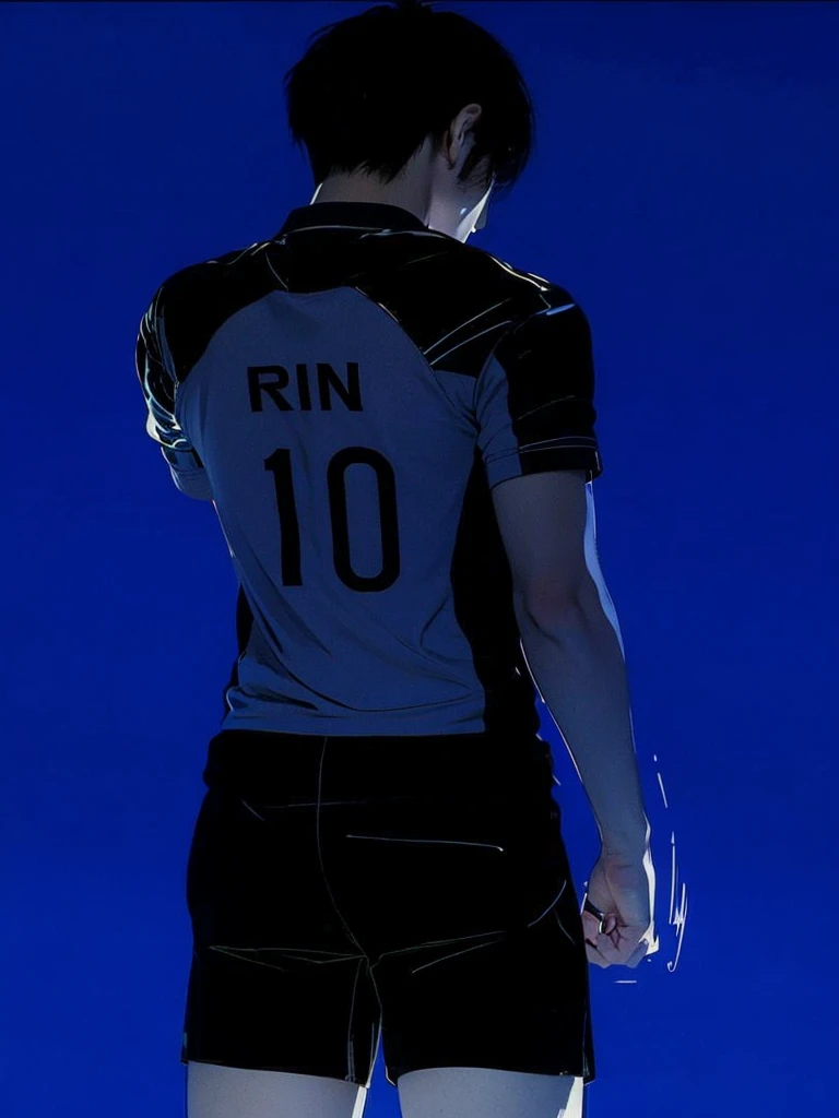 realistic image of a japanese ager, boy, wearing a blue jersey with his name 'Rin' and number 10 behind it, black shorts, blank blue background.