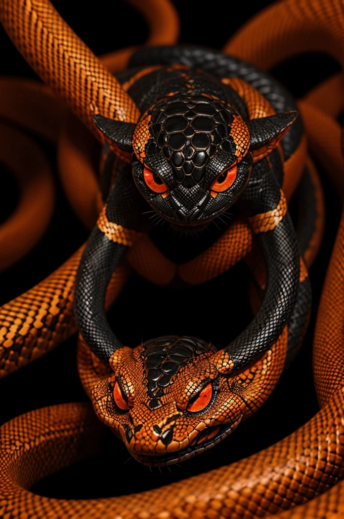 I want to spawn a tangled snake skin demon with three orange eyes with black pupils.
