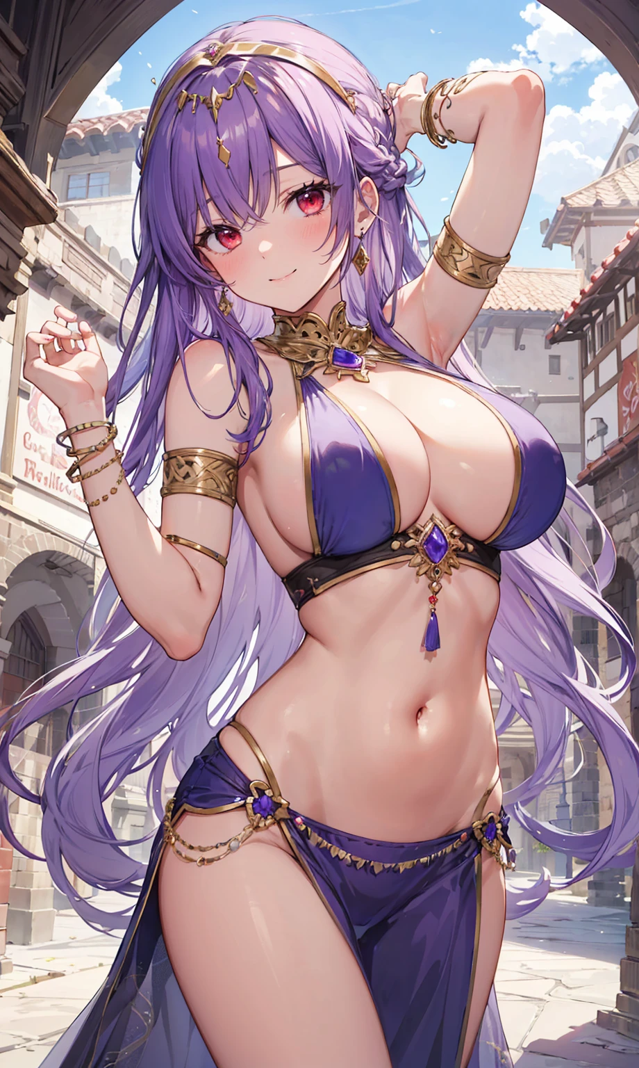 high quality, ultra detailed, best quality, insanely detailed, beautiful, masterpiece, 1girl, medieval plaza, cowboy shot, red eyes, long hair, purple hair, belly dancer, circlet, earrings, armlets, bracelets, bashful smile, large breasts, cleavage, soft stomach