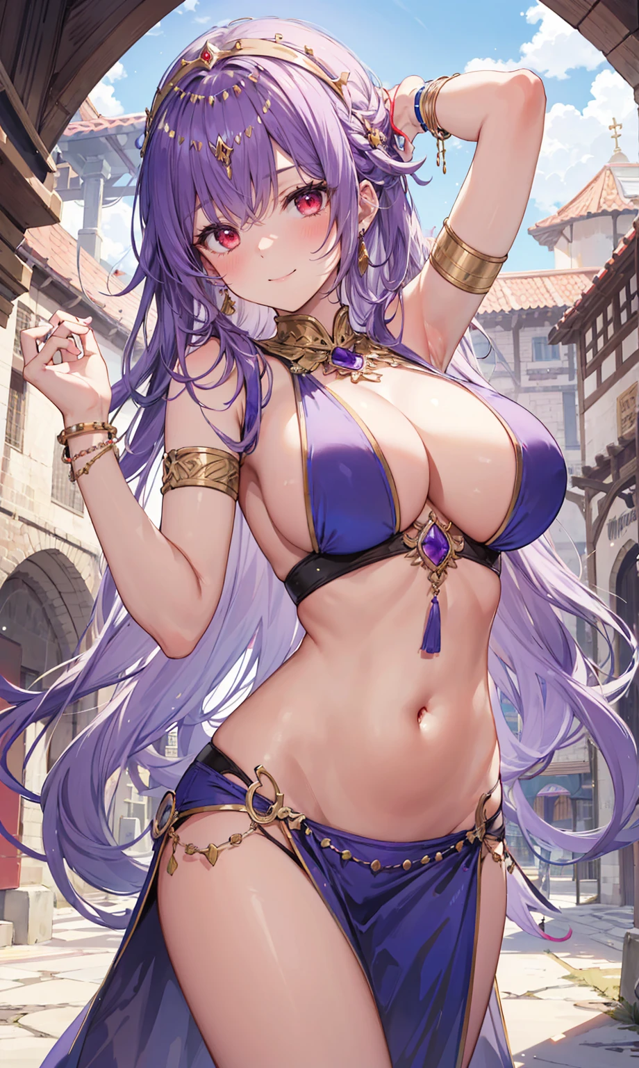 high quality, ultra detailed, best quality, insanely detailed, beautiful, masterpiece, 1girl, medieval plaza, cowboy shot, red eyes, long hair, purple hair, belly dancer, circlet, earrings, armlets, bracelets, bashful smile, large breasts, cleavage, soft stomach