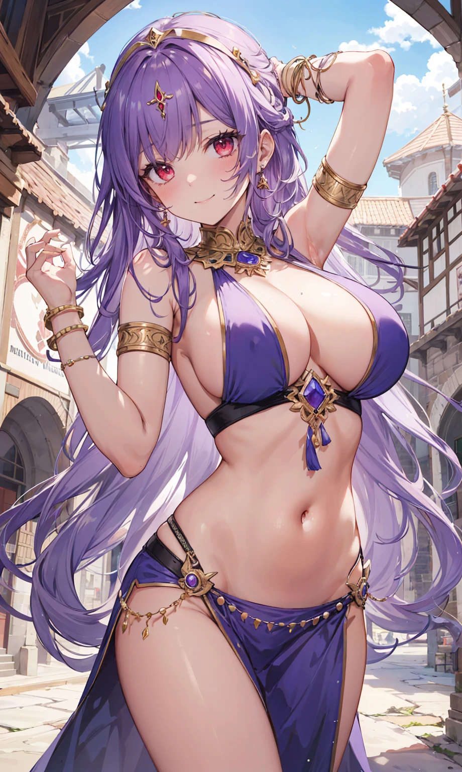 high quality, ultra detailed, best quality, insanely detailed, beautiful, masterpiece, 1girl, medieval plaza, cowboy shot, red eyes, long hair, purple hair, belly dancer, circlet, earrings, armlets, bracelets, bashful smile, large breasts, cleavage, soft stomach