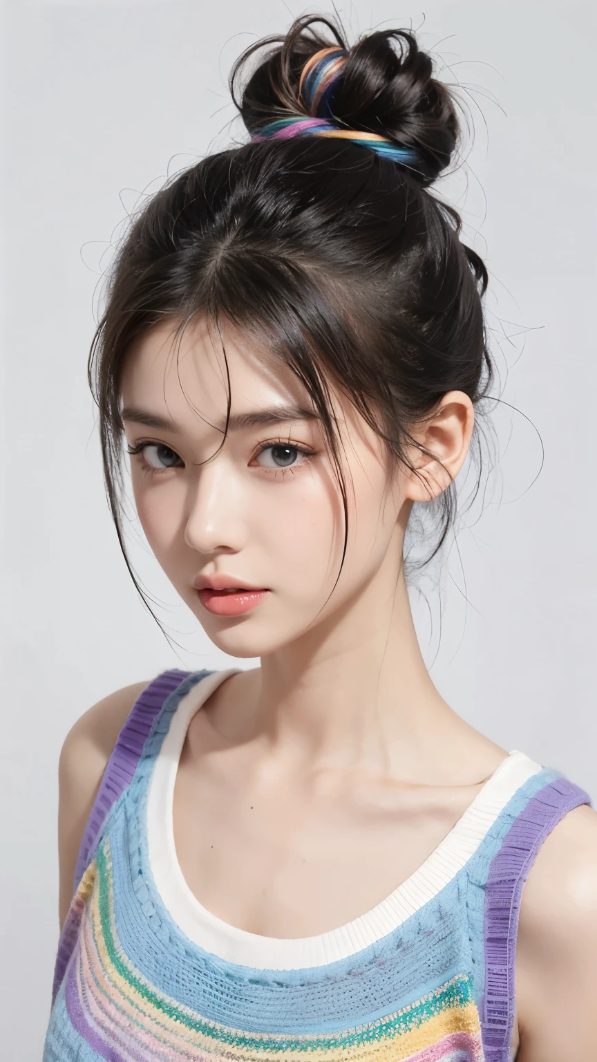 space buns hair, rainbow knitted top, white background