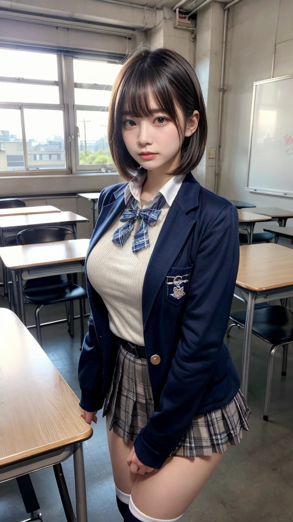 masterpiece, best quality, illustration, Super detailed, fine details, High resolution, 8K,wall paper, perfect dynamic composition,(Details High quality, realistic depiction of eyes:1.3), from side, High School Classroom、High school girl uniform、blazer 、Super Short Check Uniform Skirt、Navy blue high socks、garterbelts、Colossal tits、Disturbed uniform, short bob hair, black hair color, huge breasts, Big Natural Color Lip, bold sexy pose, (perfect body shape), crying a little、Harajuku style、20 year old girl、 beautiful legs, hposing Gravure Idol