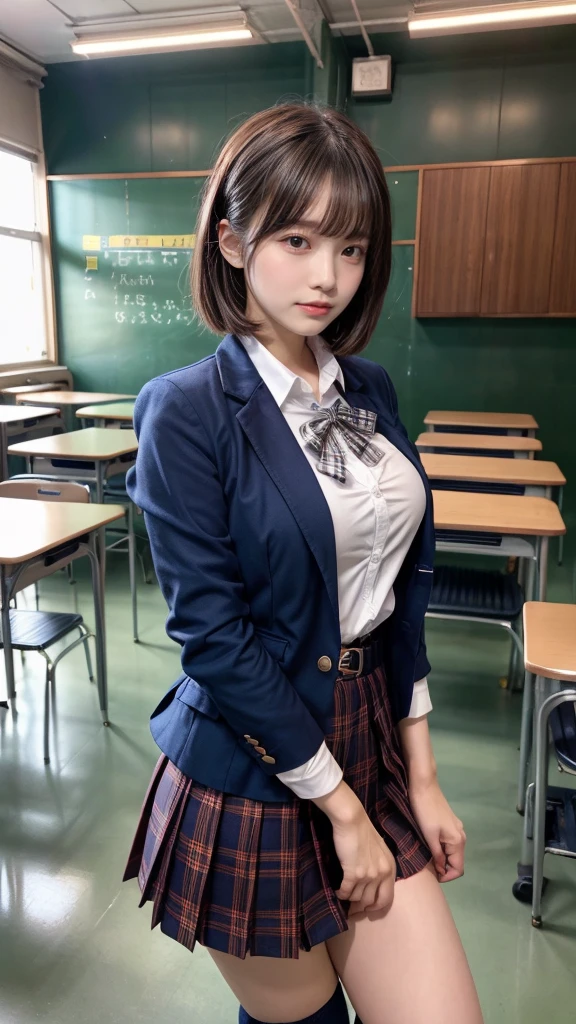 masterpiece, best quality, illustration, Super detailed, fine details, High resolution, 8K,wall paper, perfect dynamic composition,(Details High quality, realistic depiction of eyes:1.3), from side, High School Classroom、High school girl uniform、blazer 、Super Short Check Uniform Skirt、Navy blue high socks、garterbelts、Colossal tits、Disturbed uniform, short bob hair, black hair color, huge breasts, Big Natural Color Lip, bold sexy pose, (perfect body shape), crying a little、Harajuku style、20 year old girl、 beautiful legs, hposing Gravure Idol