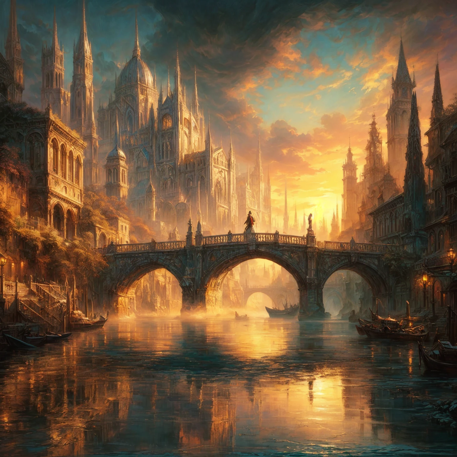 painting of a bridge over a river with a boat in the water, marc simonetti. intricate, marc _ simonetti, style of marc simonetti, fantasy cityscape, beautiful oil matte painting, inspired by Marc Simonetti, art style of marc simonetti, beautiful art uhd 4 k, symmetrical epic fantasy art, style of raphael lacoste