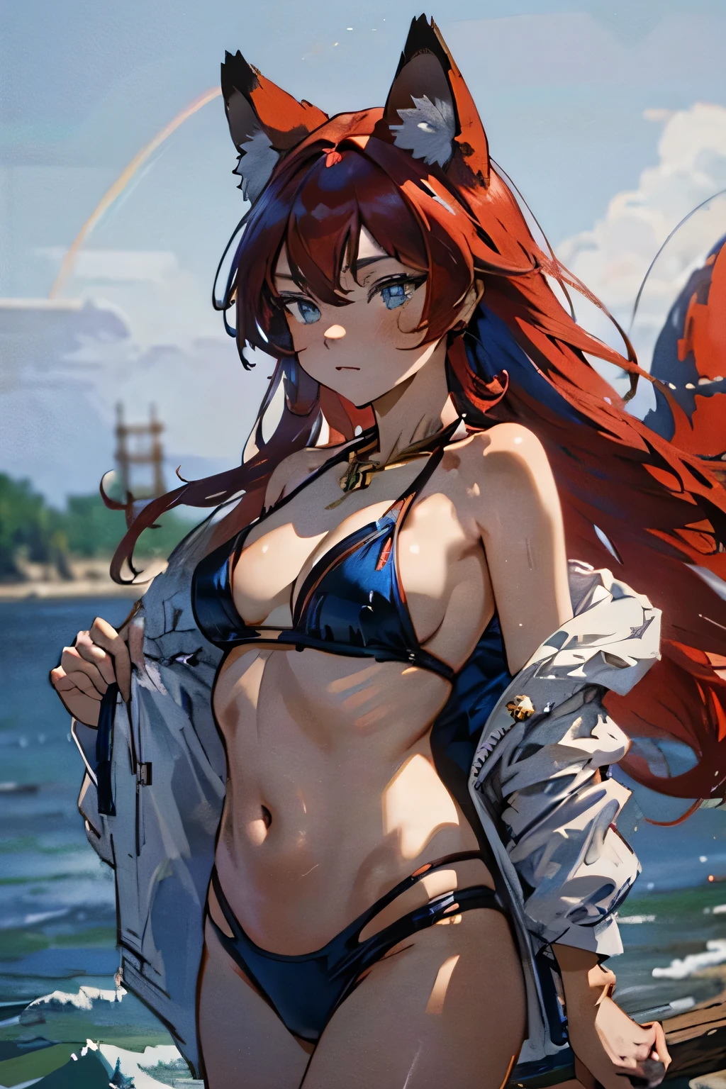 a kitsune woman with beautiful red hair, fox ears, fox tail, blue eyes, wearing a sexy bikini swimsuit, anime style, full color, red hair, detailed face, flawless skin, detailed jewelry, intricate and detailed clothing, photorealistic, 8k, ultra-detailed, masterpiece, vibrant colors, natural lighting, cinematic composition