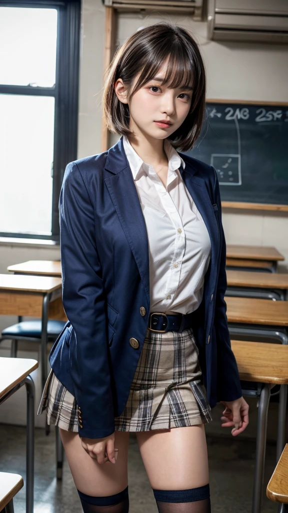 masterpiece, best quality, illustration, Super detailed, fine details, High resolution, 8K,wall paper, perfect dynamic composition,(Details High quality, realistic depiction of eyes:1.3), from side, High School Classroom、High school girl uniform、blazer 、Super Short Check Uniform Skirt、Navy blue high socks、garterbelts、Colossal tits、Disturbed uniform, short bob hair, black hair color, Big Natural Color Lip, bold sexy pose, (perfect body shape), crying a little、Harajuku style、20 year old girl、 beautiful legs, hposing Gravure Idol