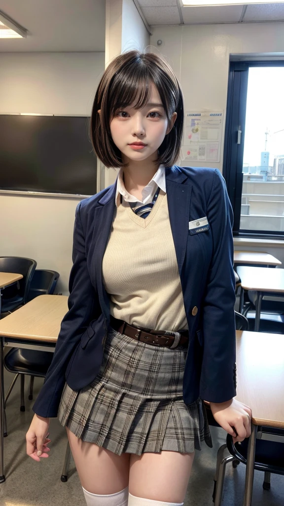 masterpiece, best quality, illustration, Super detailed, fine details, High resolution, 8K,wall paper, perfect dynamic composition,(Details High quality, realistic depiction of eyes:1.3), from side, High School Classroom、High school girl uniform、blazer 、Super Short Check Uniform Skirt、Navy blue high socks、garterbelts、Colossal tits、Disturbed uniform, short bob hair, black hair color, Big Natural Color Lip, bold sexy pose, (perfect body shape), crying a little、Harajuku style、20 year old girl、 beautiful legs, hposing Gravure Idol