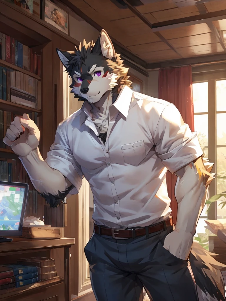 embedding:black wolf, male,purple eyes,Scar on the face, scar on the body,Single person，The fur on the chest and abdomen is white.Inside the apartment,Elder brother.Modern apartment, clean and tidy.casual Shirt，Casual pants,Formal, everyday,A mild expression,Maturity,The highest quality of scene detail,adult,Tall and powerful,muscle，Best quality hands, best quality eye，detailed fur，Delicate eyes.Extreme picture quality，by sollyz,by zixiong,by milkytiger1145