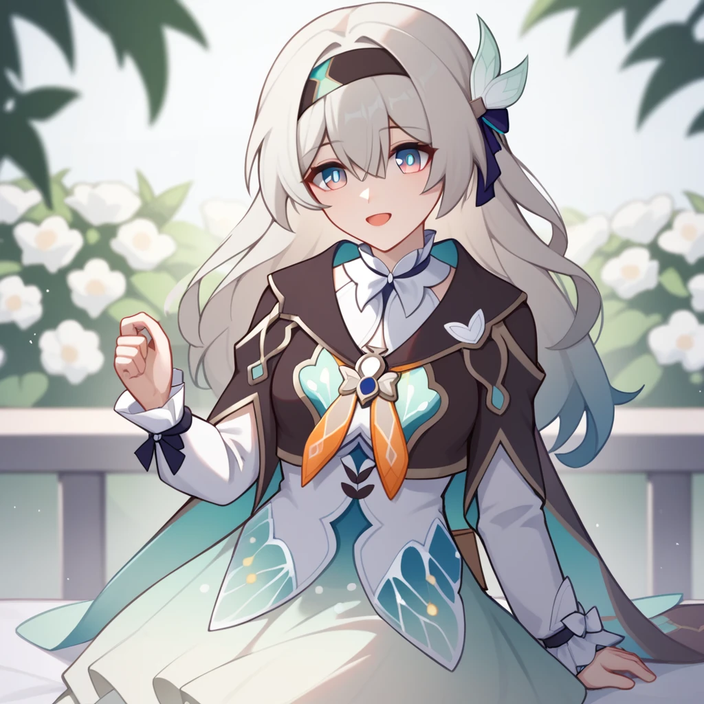 firefly \(honkai: star rail\),1girl,solo,jacket,white dress,long sleeves,white flower,headband,