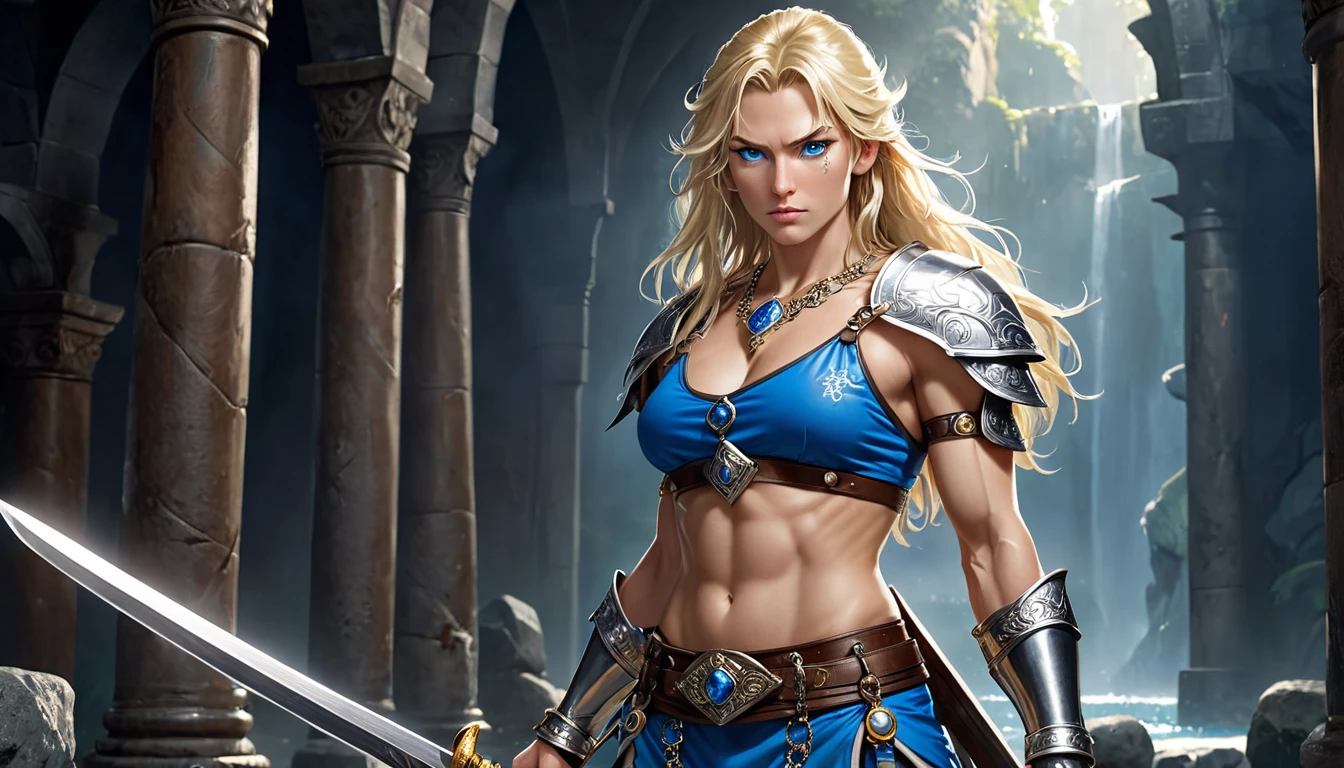 Ax-Battler is just a 30-year-old man, an imposing and fearless Nordic warrior, with a tall stature, an athletic body with very robust and well-defined muscles. Her long, blonde hair falls over her shoulders, giving her a wild and untamed appearance. His blue eyes are piercing, shirtless, he wears blue swim trunks, blue boots, silver bracelets and a gold necklace. On his belt, he carries small talismans and amulets. His countenance is serious. He wields only a long, shining sword. The sword's blade is polished and sharp, reflecting the light with a menacing shine., No sword with arms crossed as if posing for a photo, Front View, Ultra Realistic Style