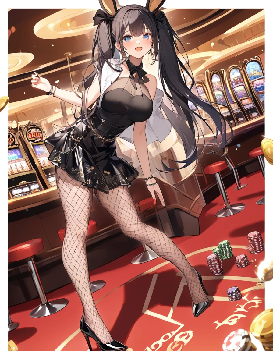 (Best quality, 8k, 32k, Masterpiece, UHD,:1.2),RAW, 1girl,ultra cute , natural lighting,transparent shining eyes, 20yo ,fair complexion, long hair, french braid, flushed face,femur, bunny girl, bunny girl Costume, body-fitting, shiny, seductive, Cowboy shot, leotard, From Behind, casino