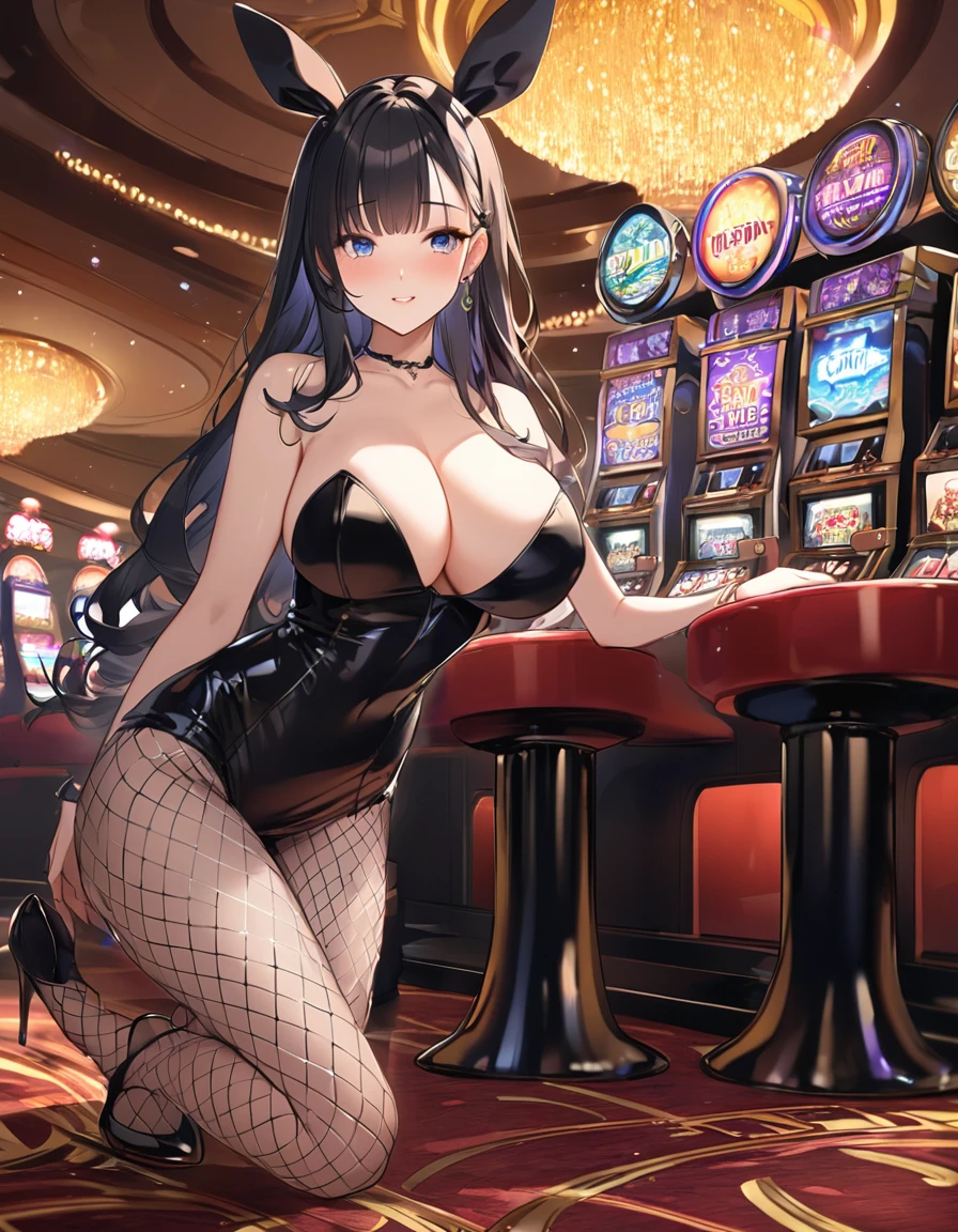 (Highest qualityのイラスト:1.2), (cute女の子:1.1), (1 girl、), (1 girl、Kind eyes、blue eyes)、Black Hair、Semi-long hair、(Highest quality、Very detailed、cute、Ultra-high resolution) 、Black Hairの美少女、Bunny girl、Bunny ears、Black leotard、Fishnet tights、High heels、Larger breasts、casino