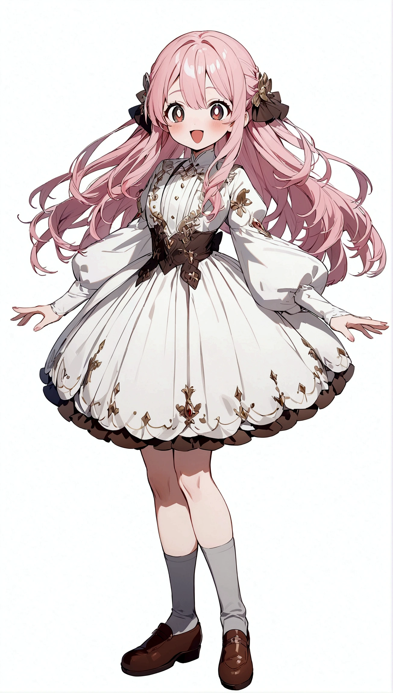 An anime-style full body profile picture featuring long pink hair, black eyes with red pupils, and a friendly or excited expression. She is wearing a white with grey socks and brown shoes on a pure white background to highlight the character's features.