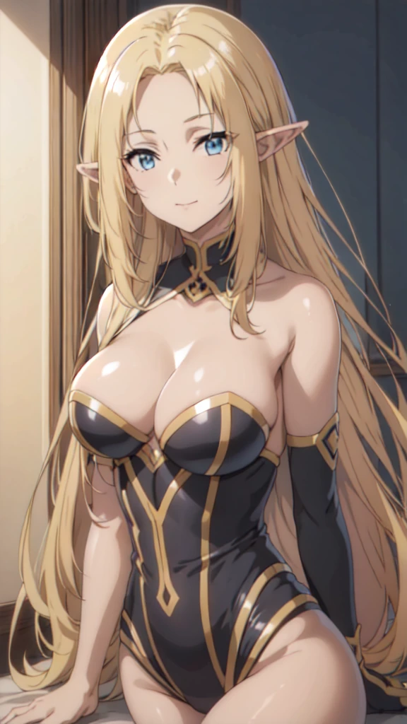 (Upper Body:1.3),(masterpiece:1.4),Medium Shot,anime,masterpiece,gravure, 8K,Realistic, Beautiful woman,An elegant and mature elven woman, Elf Ears,blue eyes, Place your arms behind your head,(美的animeの目:1.4),Large Breasts,blonde, Black bodysuit, smile,Beautiful breasts,(8K resolution:1.4), High quality CG, Beautiful CG, Soft Light,View your audience,(24-years-old),