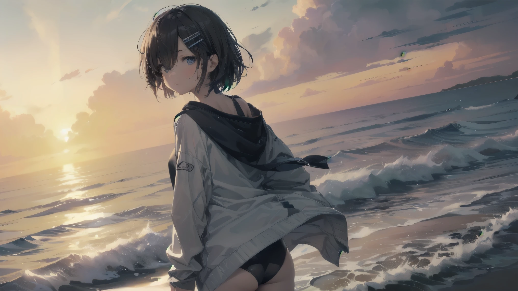 Highest quality, Anime Moe Art Style,Best Anime 8K Konachan Wallpaper,pixiv Contest Winner,Perfect Anatomy, break,(Please draw a picture of a girl in a hoodie walking on the beach.),break, One is an unlucky beautiful girl.,(alone,On top of that,,:1.3),,Complete limbs, Full Finger,  short hair,おでこを出したshort hair,Bob Hair, amount, (Hair on one eye:1.4),Small breasts, Small Ass, Beautiful attention to detail, Well-proportioned pupils,Between the legs, Wet, Shiny skin, Cowboy Shot, Hair Clip, White swimsuit, At the Beach.break,Very detailed,High resolution,Very detailed肌, 
Optimal lighting with AI, shape,