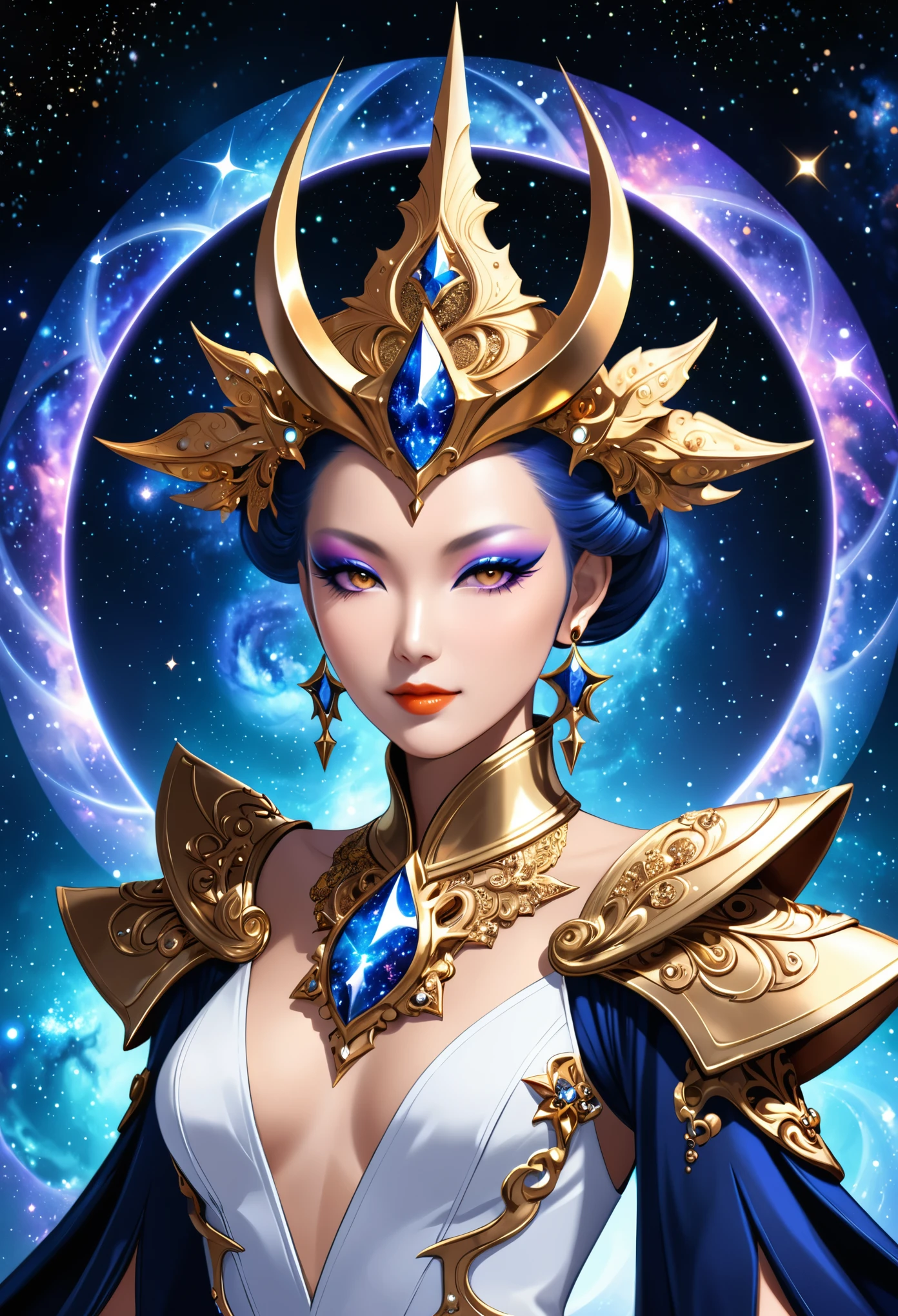 in style of Thierry Mugler,character concept design, half body,Japanese wizard,rococo style,galaxy,Fractal,Halo,