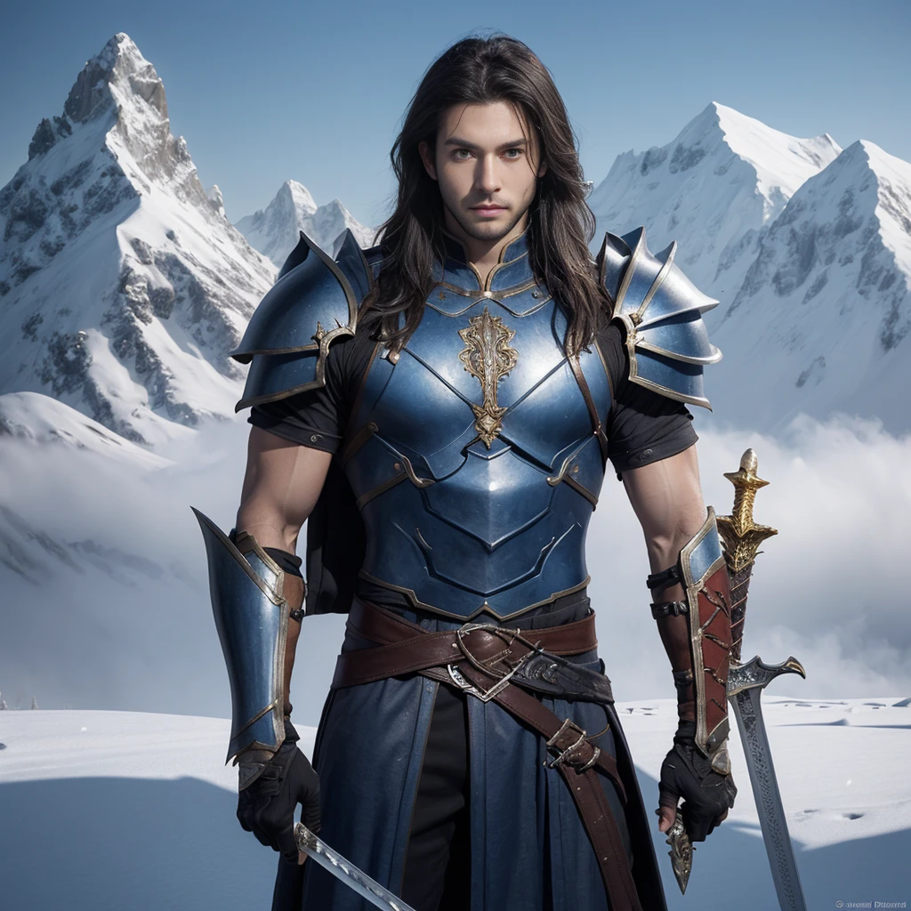 1boy, long hair, pale skin, adventurer, rpg , armor, skinny, fur, masterpiece, fantasy, character sheet, portrait, half body, snow, mountains, sword in hand,
