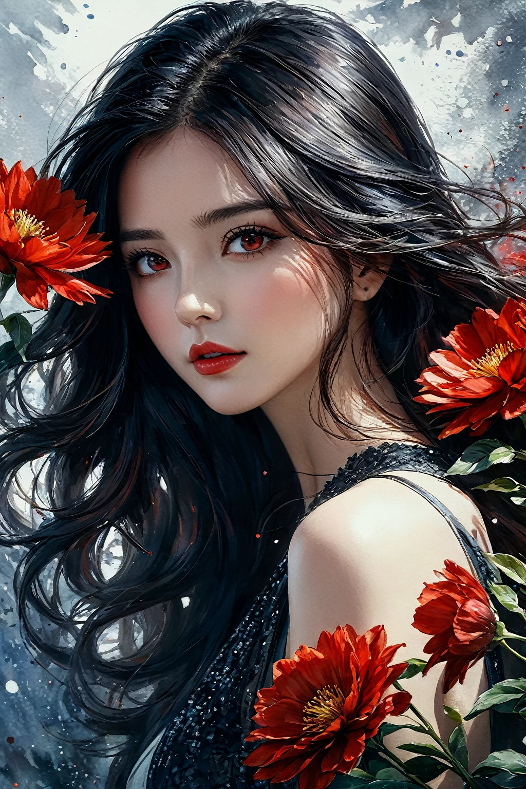(((full medium shot))), (masterpiece, Photorealistic, Photorealism, Best quality, ultra-detailed:1.3), (beautiful hands, perfect hands), official art, cinematic light, (1 girl:1.3), adult, young lady, long red luxuriant hair, Watercolor painting of oil and watercolor painting, (sketch:1.1), Limited palette, Red eyes, silver hair, shiny skin,empty eyes, (lips:0.4), (watercolor:0.8), (ink: 1.2), hair flower, (Carn Griffiths:1.2), Red flower,masterpiece, Cinematic shadows, deep shadows, complex parts, award-winning, Beautifully lit,cinematic lighting, ray tracing, dynamic angle, dynamic pose, full body shot, bright, Beautiful, picturesque, detailed, textured, art, sharp focus, very inspiring, innocent, elegant, deafening, rich, elite, epic, professional, surreal background, extremely complex, Very colorful, color balanced