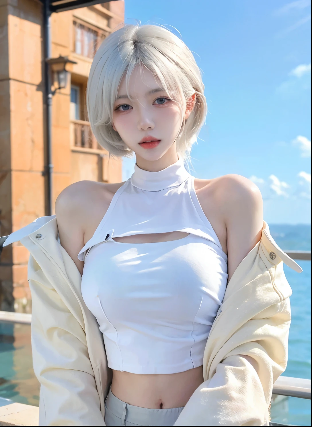 Beautiful woman with perfect figure:1.4,Ultra-high resolution,Seductive laughter,wear glasses,White背景,(lifelike:1.4),Layered Hairstyle,White皮肤,Super short pleated skirt,whole body,Very delicate face and skin texture,Double eyelids,Skin Whitening,Long hair,White hair,White,