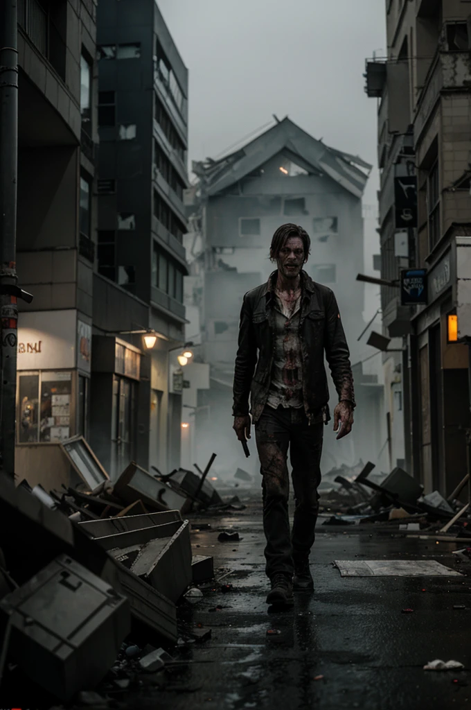 male zombie with a pale and scary face, seen walking in the middle of a destroyed and messy city, foggy atmosphere, looks realistic and real