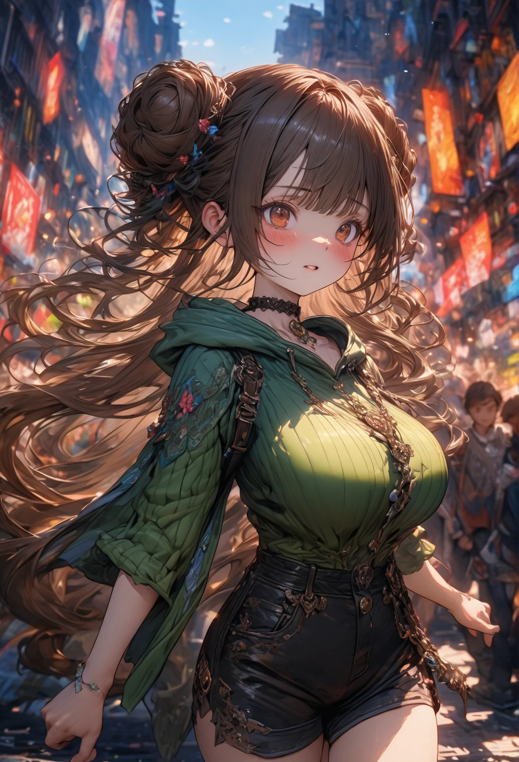 ((masterpiece:0), best quality, very aesthetic, newest, absurdres, detailed, high quality)
BREAK
highest quality, top quality, details, highres, ultra fine painting, digital art, official art, cinematic, 4k, 8k resolution, 8K CG wallpaper, CG, original artwork, detailed background, colorful background, blue atmosphere, High Dynamic Range, blurry background, blue hour, Starburst effects, crepuscular rays, good ISO, high resolution, wide shot, from far away, RAW photo, POV, sharp focus, light reflection, reflections, intricate details, soft light, particle noise, professional photography, bokeh, depth of field, natural lighting, vibrant colors, looking away, detailed lights and shadows, stylish, ultra-detailed, top rated on Pixiv, trending on Artstation, niji style, modern-days, master crafted, pose
BREAK
solo, close up shot, from above, 1girl, pale skin, correct fingers, detailed hand, (big breasts:1.2), big thighs, small torso, short body, flushtered, blush, anxious expression, casual, slim, ((cute, childlike face):1.3), nice hips, nice body, brown hair, (very long flowing hair), (big 2 buns hairstyle)), long bangs, long hair, middle hair bangs, brown eyes
BREAK
(black string tank top, choker, off shoulder open green hoodie, (tummy skin), open unbuttoned shorts, many colors outfit ornaments)
BREAK
a person walking down a street with a crowd of people, crowded street, crowded streets, in front of a large crowd, giant crowd, girl walking through city, people walking down a street