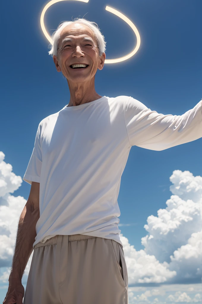 A thin elderly man with a halo on his head, Open arms, in the sky under the clouds, smiling like someone waiting for a hug