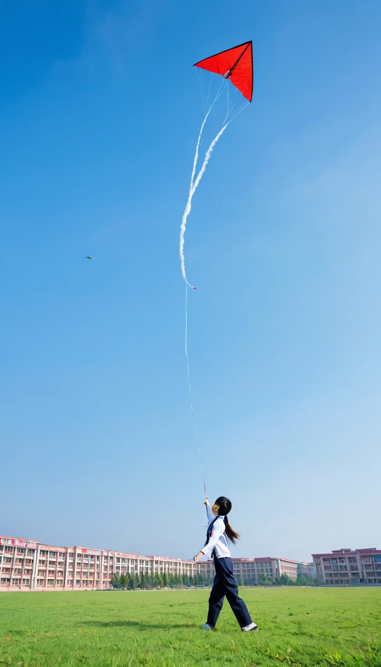 A Chinese high school student，lawn，fly a kite，Blue sky，Fighter jets across the sky