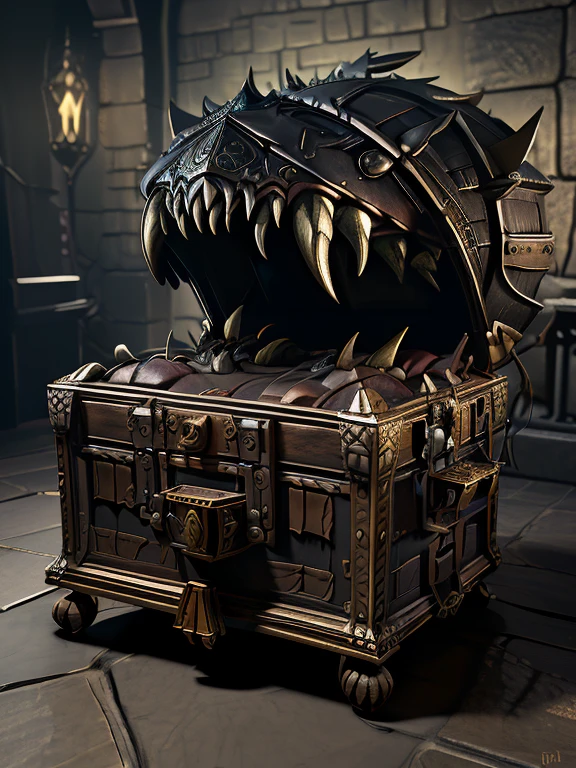 a highly detailed intricate wooden chest, ancient weathered wood, metal trimmings, precious gemstones, glowing reflective surfaces, a mysterious face with sharp teeth, a long tongue emerging from the open mouth, thick interior compartments, (best quality,4k,8k,highres,masterpiece:1.2),ultra-detailed,(realistic,photorealistic,photo-realistic:1.37),cinematic lighting,dark moody atmosphere,fantasy,digital art