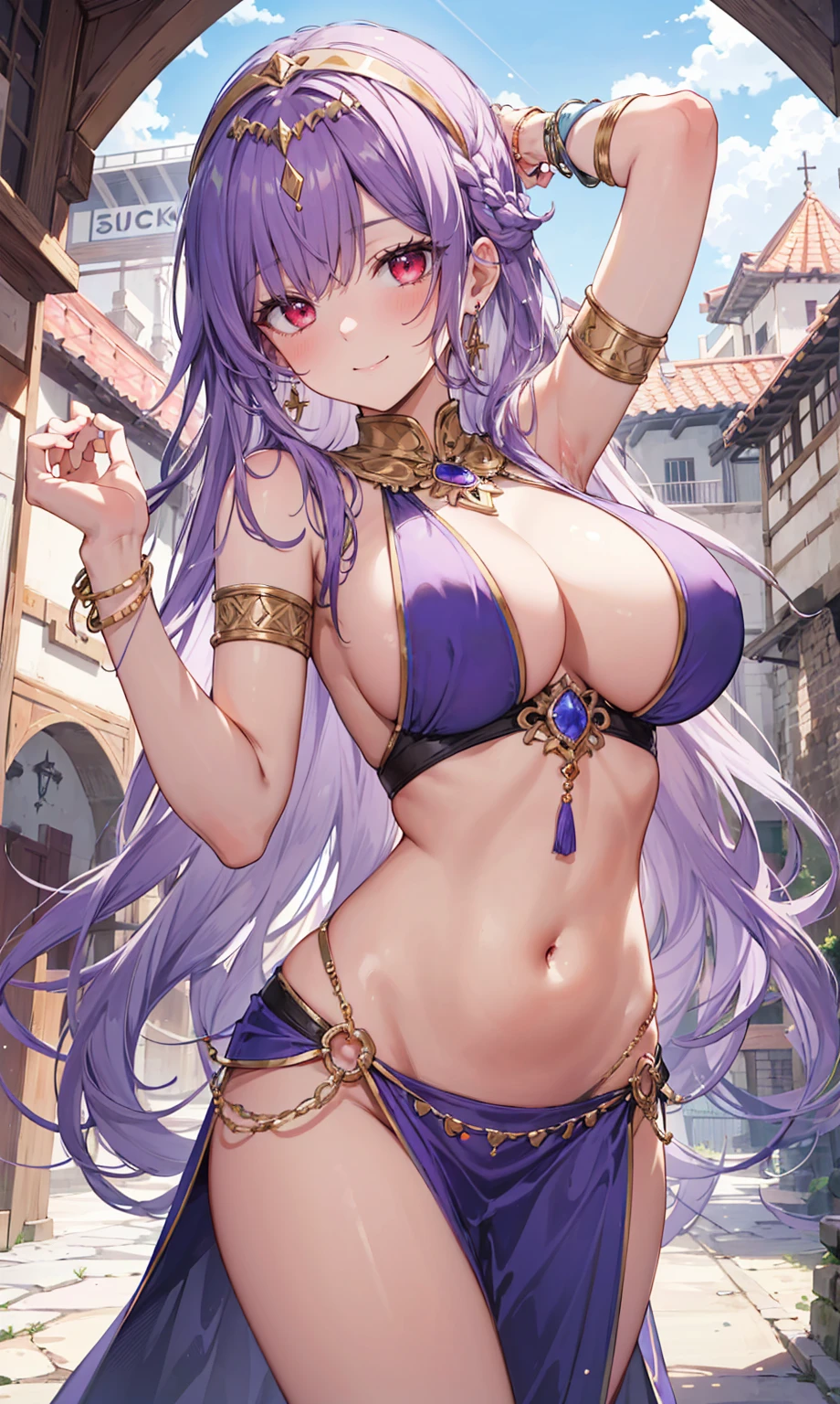 high quality, ultra detailed, best quality, insanely detailed, beautiful, masterpiece, 1girl, medieval plaza, cowboy shot, red eyes, long hair, purple hair, belly dancer, circlet, earrings, armlets, bracelets, bashful smile, large breasts, cleavage, soft stomach