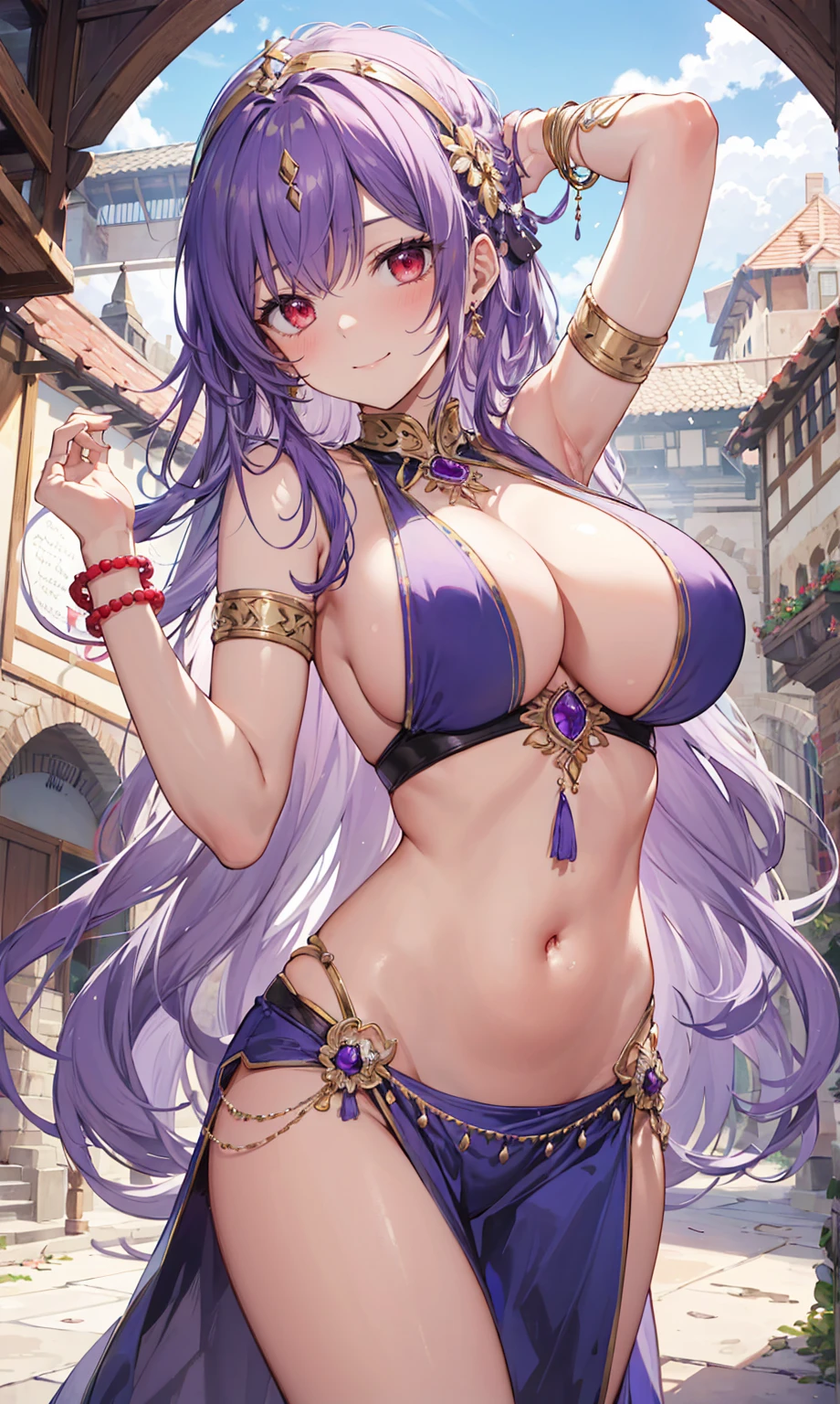 high quality, ultra detailed, best quality, insanely detailed, beautiful, masterpiece, 1girl, medieval plaza, cowboy shot, red eyes, long hair, purple hair, belly dancer, circlet, earrings, armlets, bracelets, bashful smile, large breasts, cleavage, soft stomach