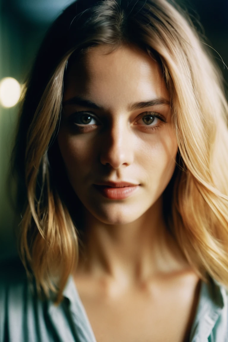 Close-up portrait, surreal, great quality, ​masterpiece, best quality, impressively, inspiring, a slightly smiling, amused woman with hair over her eyes, Hair covers her face completely. Film composition, Soft Shadows, 
Atmospheric haze, film grain, cinematic movie still frame, shallow depth of field, muito detalhado, Hohes Budget, Cinemascope, moody, Epos, Total detail, RAW photo from the 2000s, photorealestic, Hidden Camera, Color Gradation Cinema, atmospheric lighting, Imperfections, naturally, shallow depth of field
