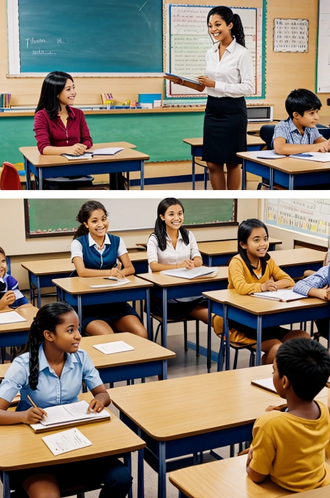 Lively classroom with a teacher and students, for a comic
