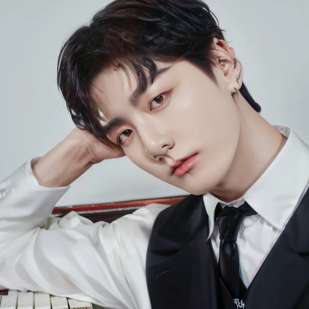 trimmed man in vest and tie leaning against a piano, cai xukun, jungkook from bts,  Kim Doyoung, thanjun chengt, jungkook, hyung tae, sha xi, jeon Jungkook, Hsiao-ron, Jinyoung Shin, jia, Hong Jun Hyung, heise jinyao, Tae June Kim, than, inspired by Bian Shoumin, profile picture with headshot, kpop idol portrait, Jeon Jungkook from bts 