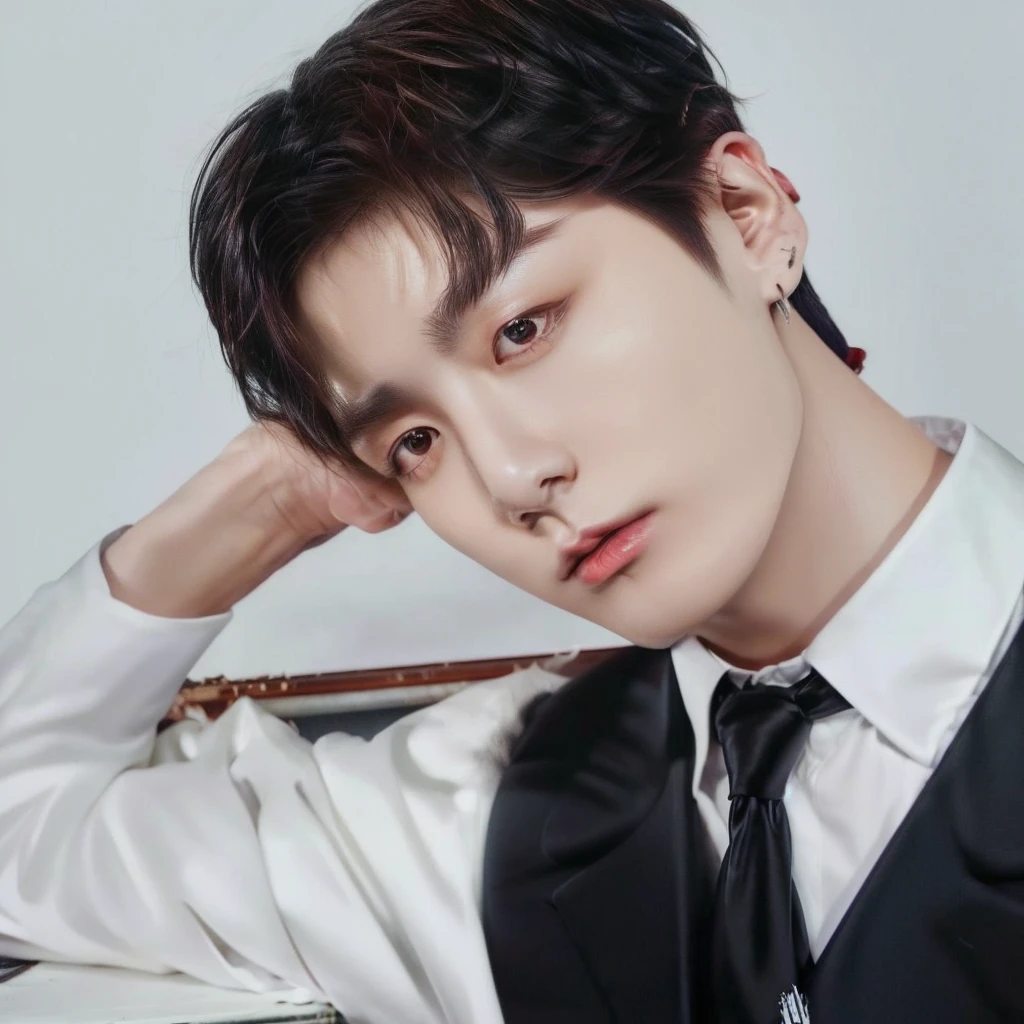 trimmed man in vest and tie leaning against a piano, cai xukun, jungkook from bts,  Kim Doyoung, thanjun chengt, jungkook, hyung tae, sha xi, jeon Jungkook, Hsiao-ron, Jinyoung Shin, jia, Hong Jun Hyung, heise jinyao, Tae June Kim, than, inspired by Bian Shoumin, profile picture with headshot, kpop idol portrait, Jeon Jungkook from bts 