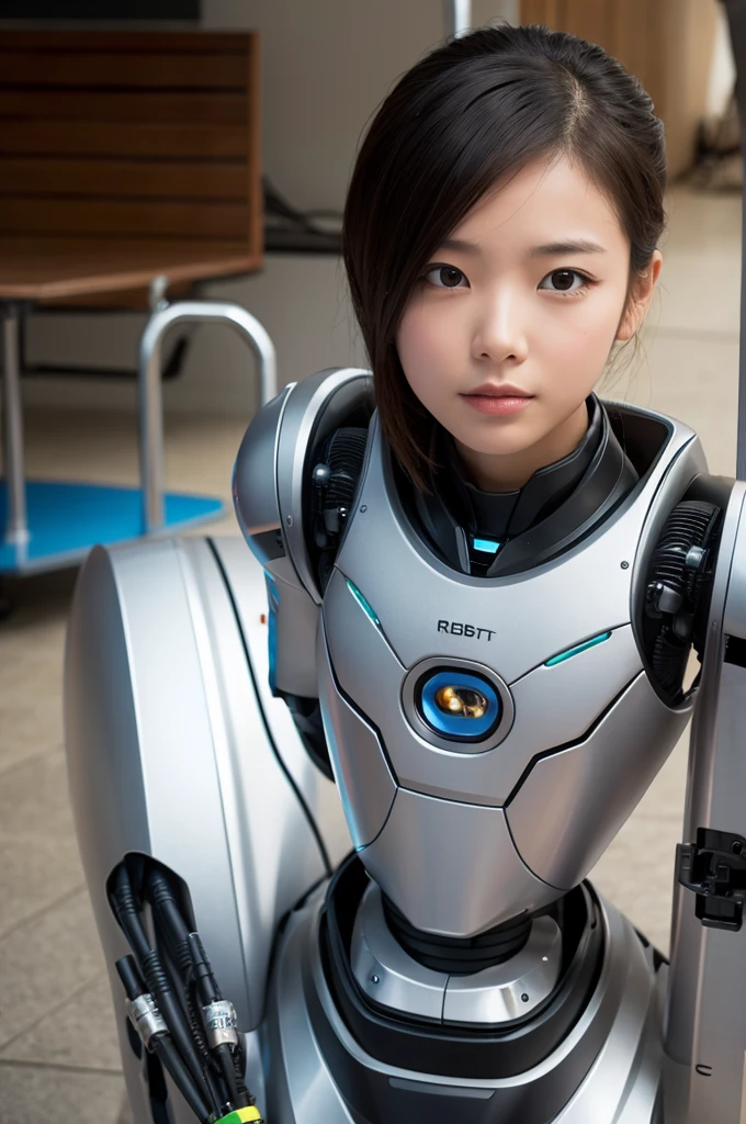 masterpiece, Highest quality, Very detailed, Japanese Android Girl,Plump,Control panel,Squat,Mechanical Hand,Robotic arms and legs, Black sponge joint,Blunt bangs,White robot body,Ceramic body,White Long Boots,Perfect Cyborg Girl,Charging Spot,She is charging now,blue eyes