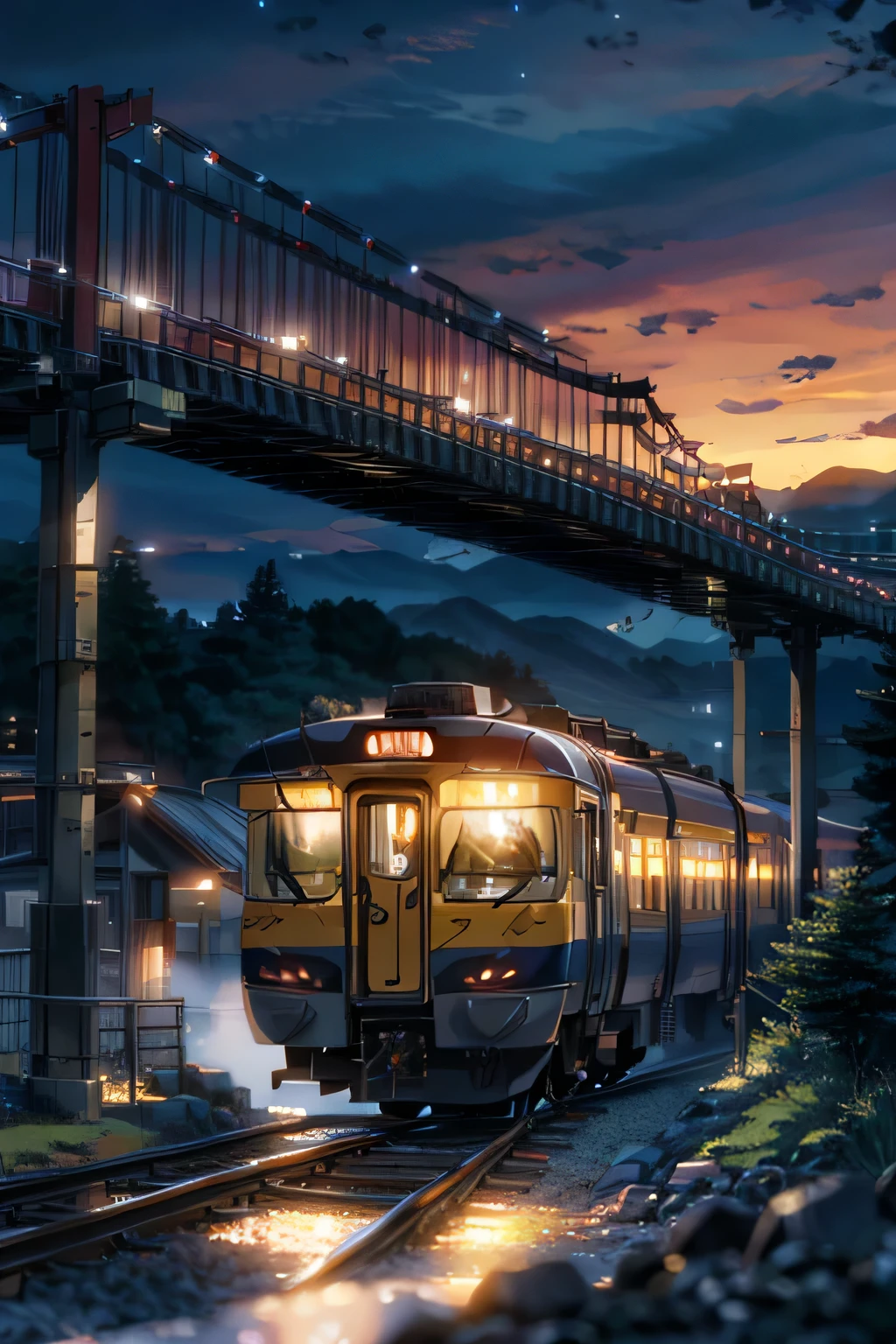 High quality masterpiece, landscape, anime train passing through bodies of water on tracks, bright starry sky. BREAK Romantic train, concept art, lofi art style, reflection. by Makoto Shinkai, lofi art, Beautiful anime scene, BREAK Anime landscape, detailed scenery —width 672, in style of Makoto shinkai, style of Makoto shinkai, enhanced details,Detailed,Realistic,4k highly detailed digital art,octane render, bioluminescent,8K resolution concept art, realism,by Mappa studios,masterpiece,best quality,official art,illustration,ligne claire,(cool_color),perfect composition,absurdres, fantasy,focused,rule of thirds