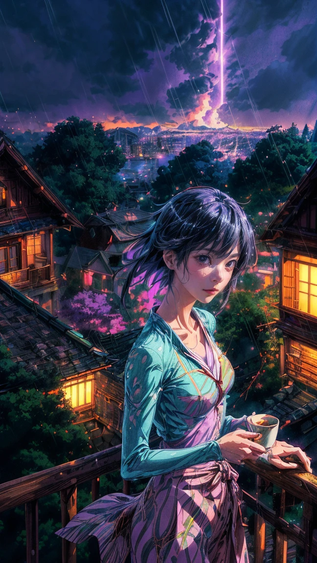 a girl standing on a balcony with a cup of coffee, cgsociety 9, chillhop, alena aenami and artgerm, makoto shinkai and artgerm, lofi girl aesthetic, anime scenery, makoto shinkai and (cain kuga), lofi aesthetic, anime landscape, anime nature, roof background, anime wallaper, 8k, ghibli style, vibrant colors, white metalic and purple, sparking, rain, rainy day, wet, wind