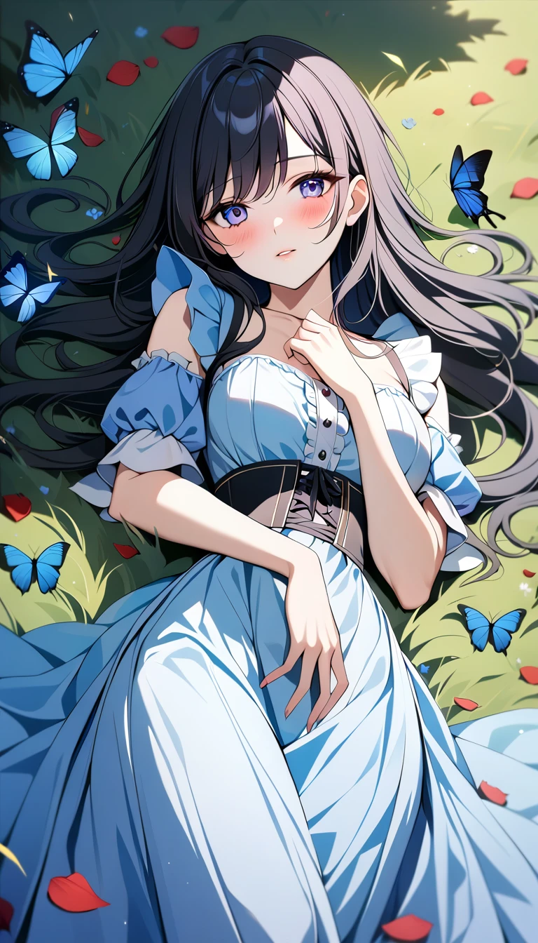 (1girl,20 years old,mature female),black hair,long hair,maid outfit,blush,blush,separated lips,lying,grassland, natural soft lighting, butterfly, bug, blue butterfly, blue flowers, red flowers, purple flowers, petals, beautiful, aesthetic, elegance, ethereal beauty, detailed, intricate details, absurdres, beautiful color, masterpiece, amazing quality, best quality, high quality, 4K, 8K, K, UHD,, upper body,